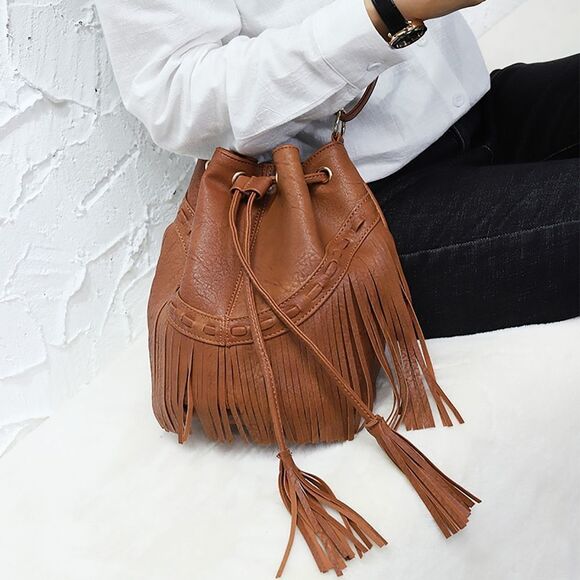 Urban Lux by TruCulture-Kate Tan Vegan Leather Bucket Bag with Fringe - Picture 2 of 5